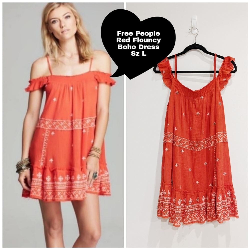 Free People Cotton Red Embroidered Flounce Boho Dress Sz L